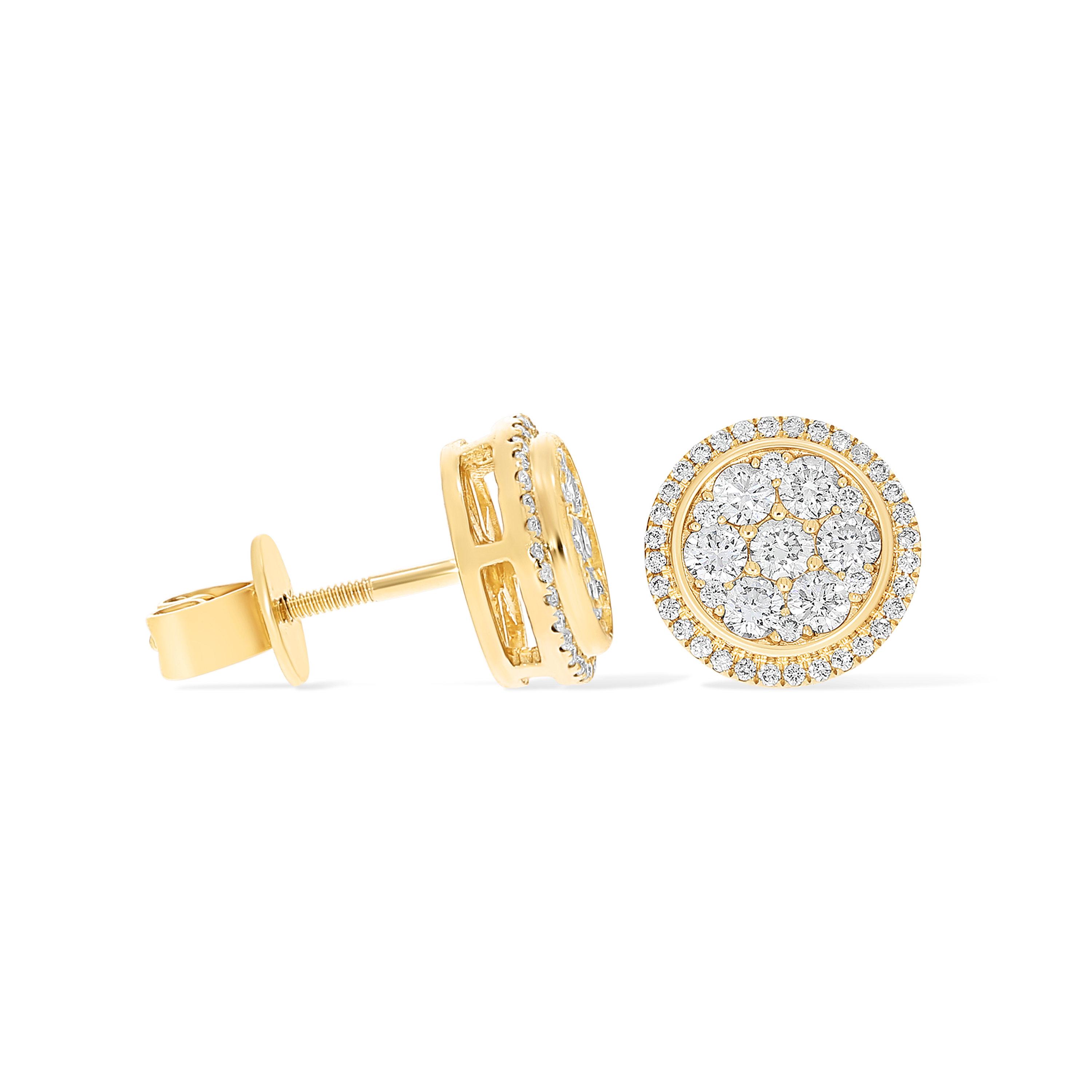 Diamond Round Cluster in Halo Setting Earrings 0.84 ct. 14k Yellow